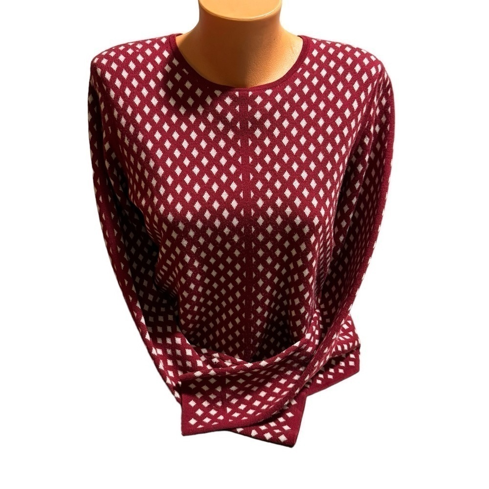 Vintage WORTH New York  100% Wool M Red/White Geometric Print Crewneck Sweater